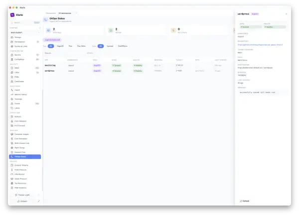 Klario — GitOps status (Argo CD / Flux)