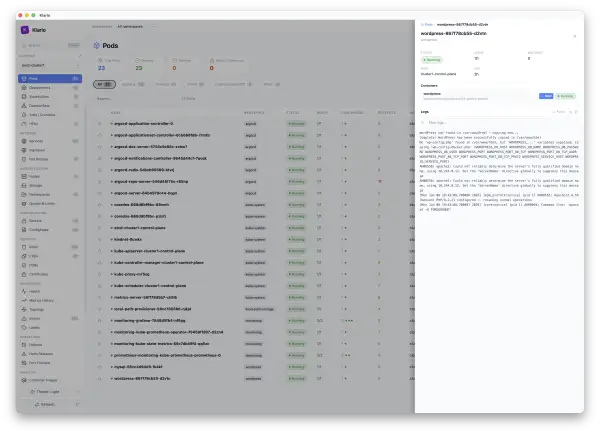 Klario — live pod logs